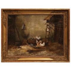 19th Century French Chicken Painting in Original Gilt Frame Signed, Dated 1880