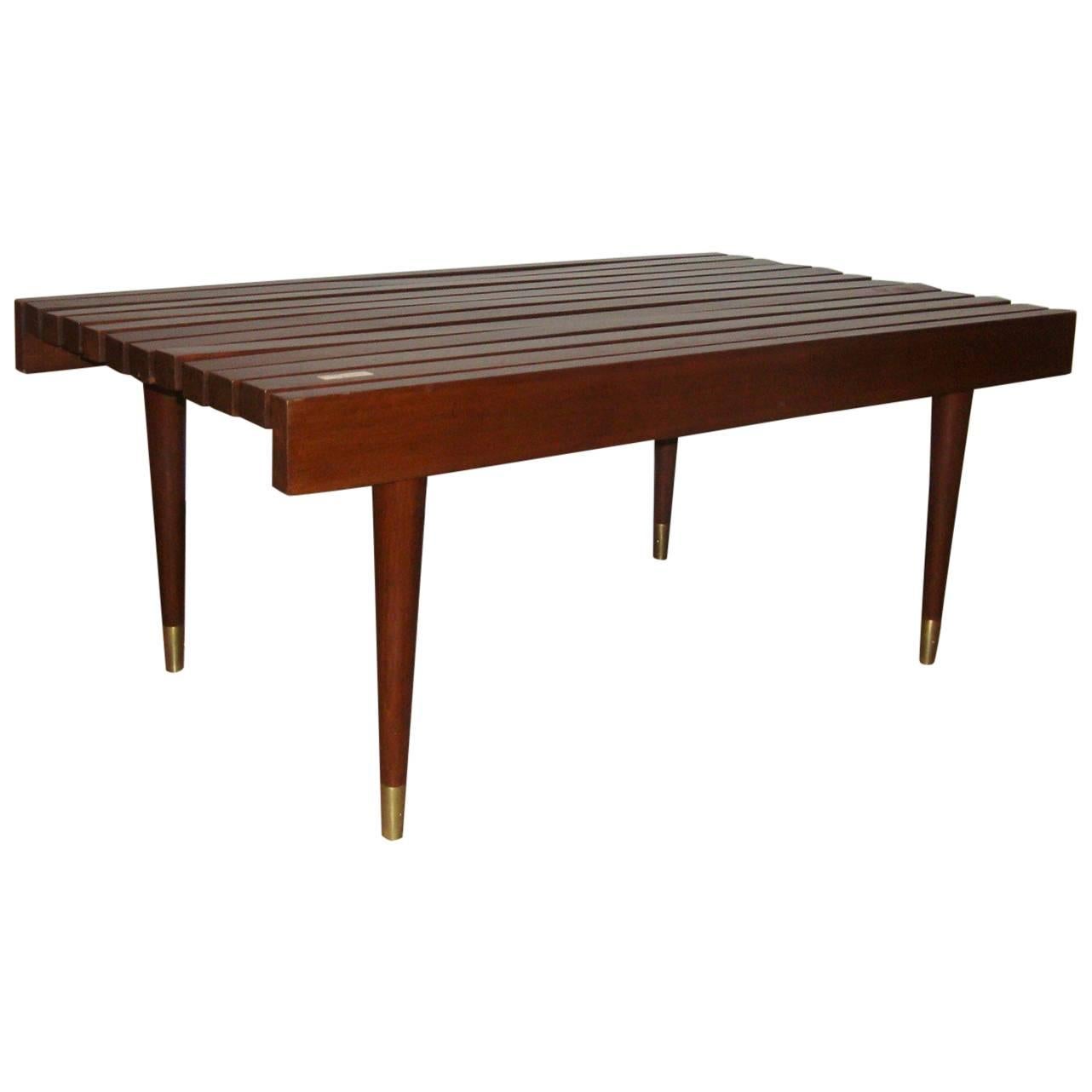 Danish Designer, Mid-Century Modern, Small Coffee Table, Brown Slat Bench, 1970s