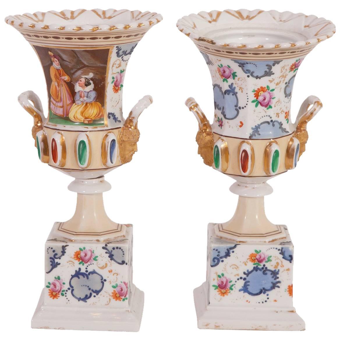 Hand-Painted French Empire Porcelain Urns, Pair