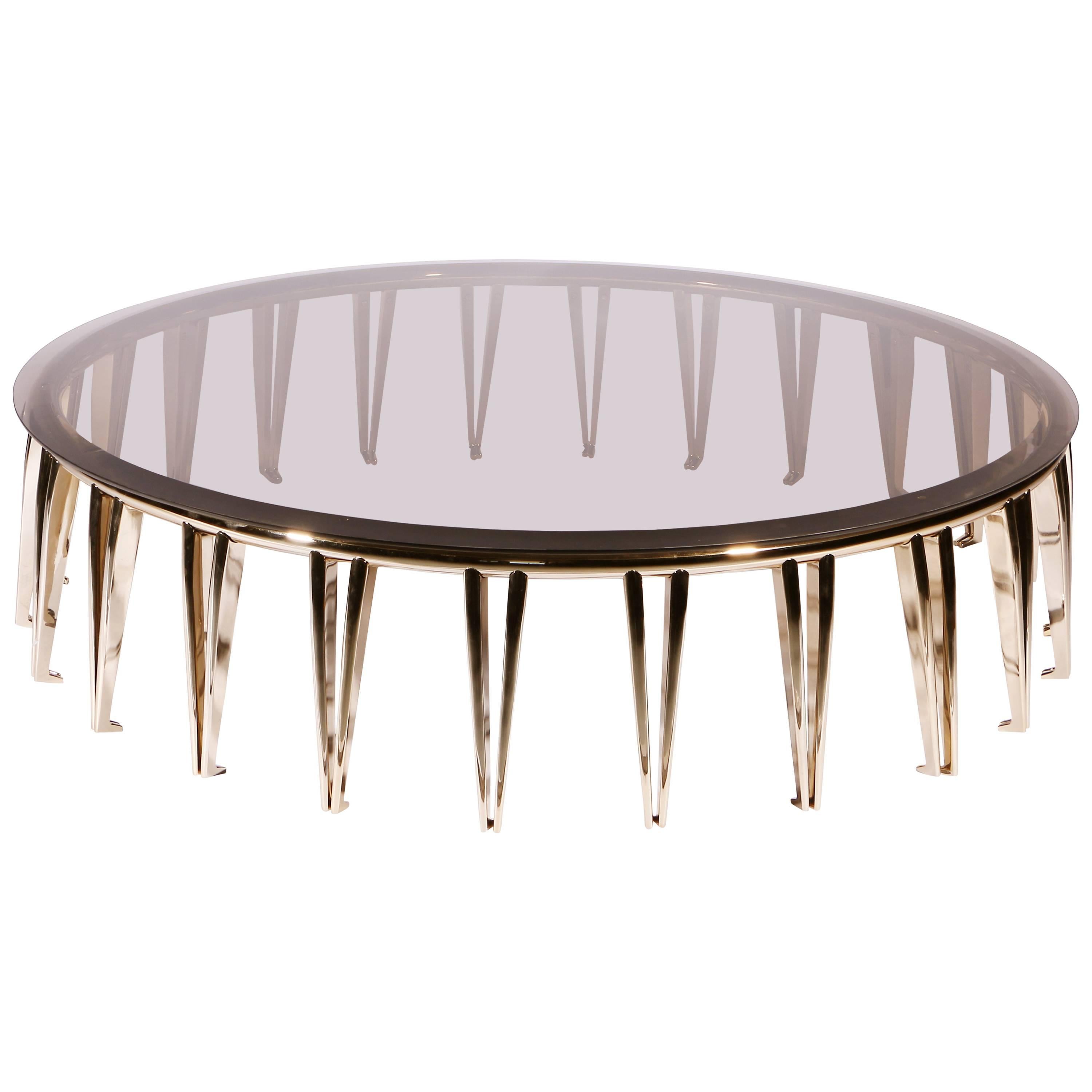 European Mid-Century Modern Style Gold-Plated Brass, Glass Round Center Table For Sale