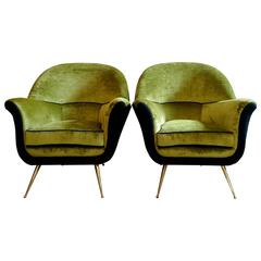 Mid-Century Green Velvet Italian Armchairs Mid-Century Green Velvet Italian Armchairs