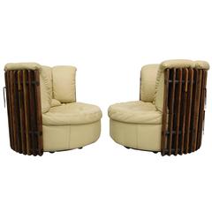 Pair of Pacific Green Isle D'Palm Palm Wood and Leather Swivel Chairs