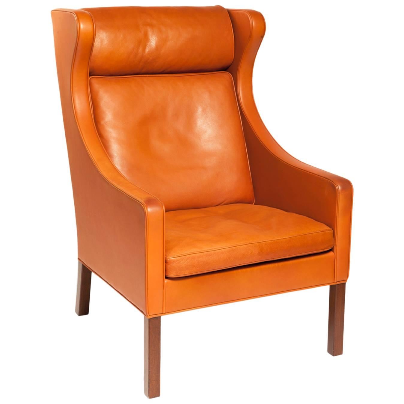 Danish Armchair Designed by Børge Mogensen in Orange Leather For Sale