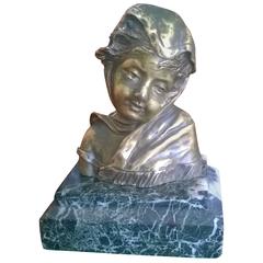 Antique Charles Monginot, Minature Bronze Bust of a Young Lady