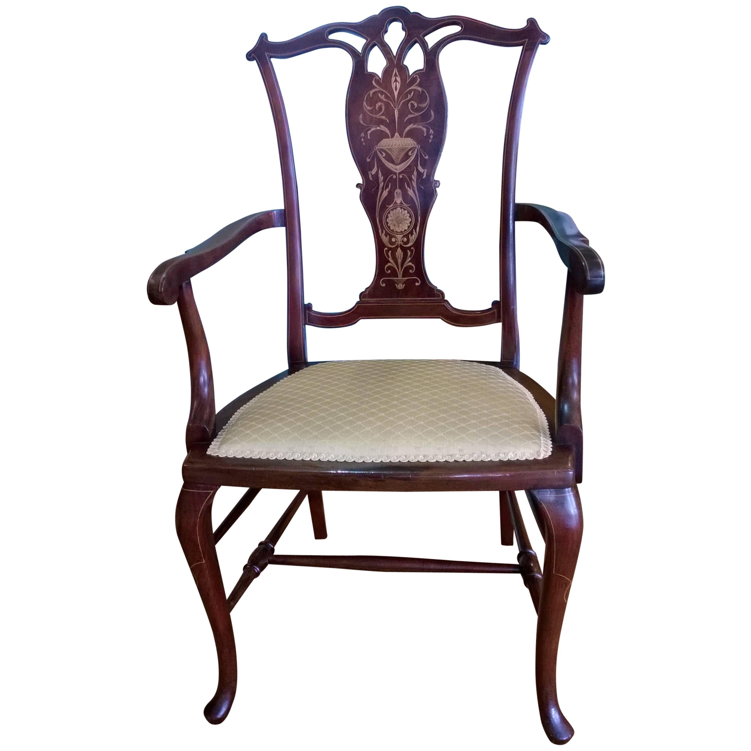 Edwardian Mahogany and Satinwood Inlaid Desk Chair For Sale