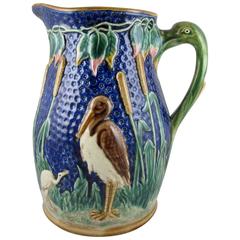 Antique Monumental English Majolica Wading Birds in a Cattail Marsh Ewer