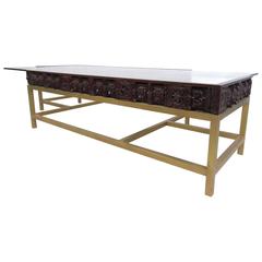 Unique Mid-Century Modern Brass, Glass and Carved Wood Coffee Table 3