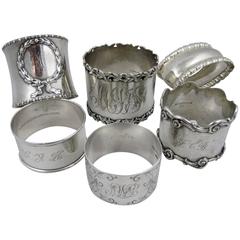Antique Sterling Silver Napkin Rings, a Mixed Set of Six
