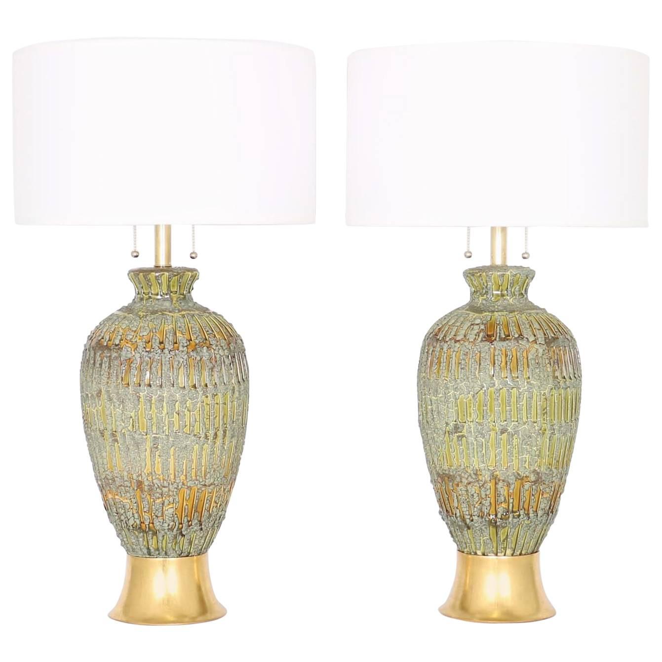 Restored Pair of Mid-Century Modern Drip Lava Glaze Lamps