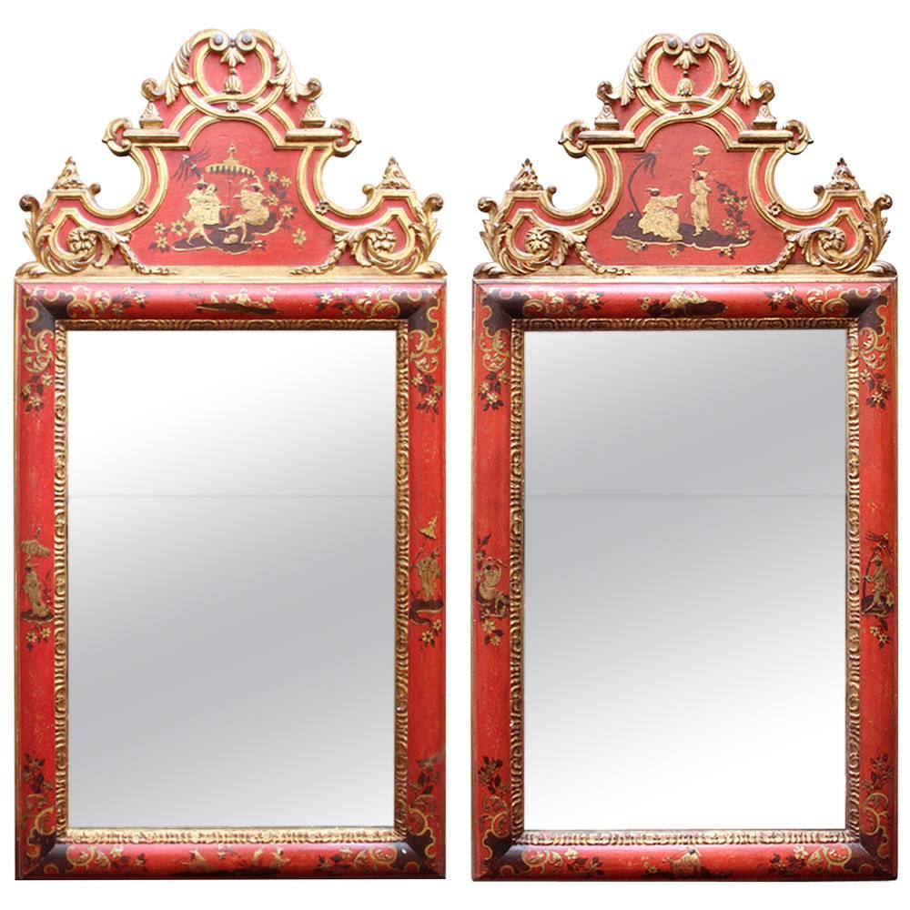 Pair of Late 18th Century Italian Parcel-Gilt and Polychrome Chinoiserie Mirrors For Sale