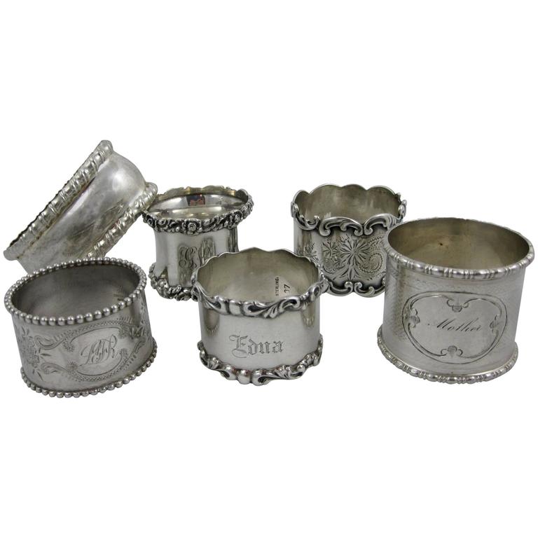 Antique Sterling Silver Napkin Rings, a Mixed Set of Six at 1stDibs