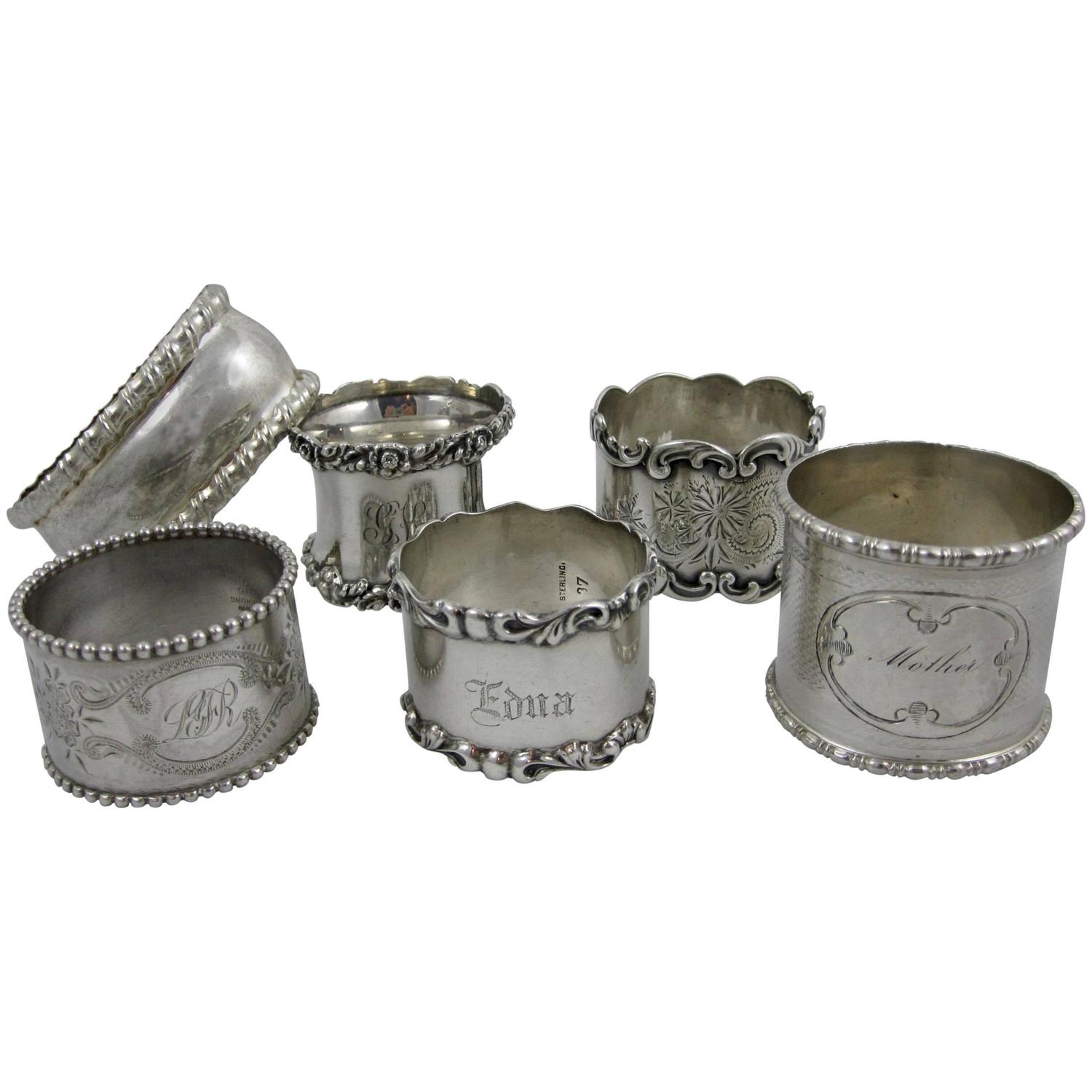 Antique Sterling Silver Napkin Rings, a Mixed Set of Six at 1stdibs