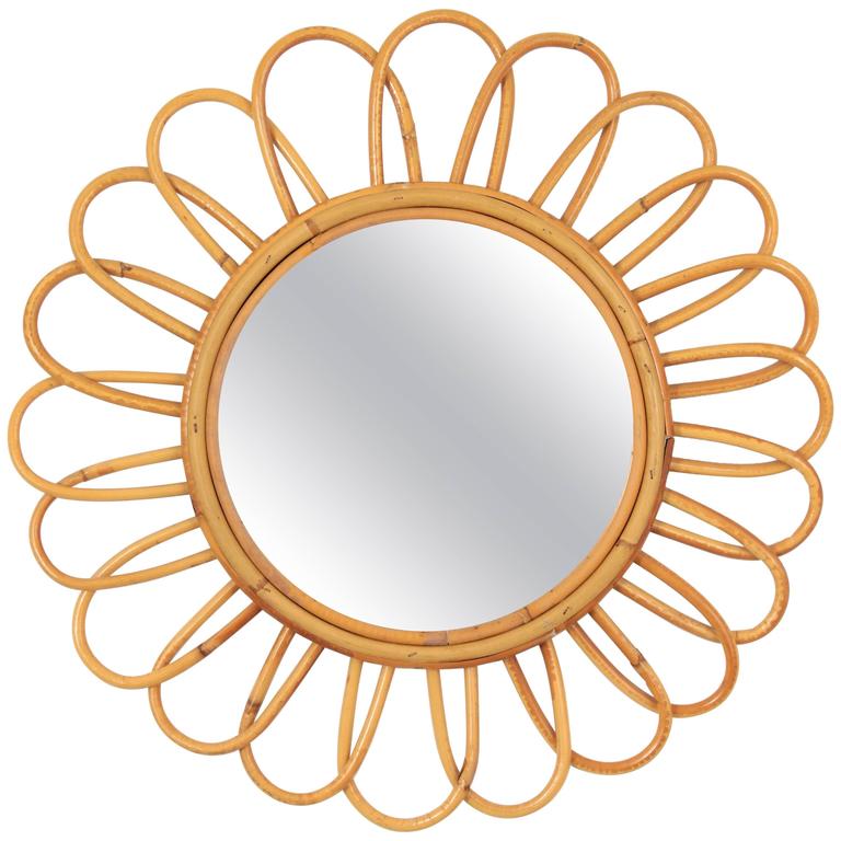 1960s Spanish Handcrafted Bamboo Flower Shaped Mirror For Sale at 1stdibs