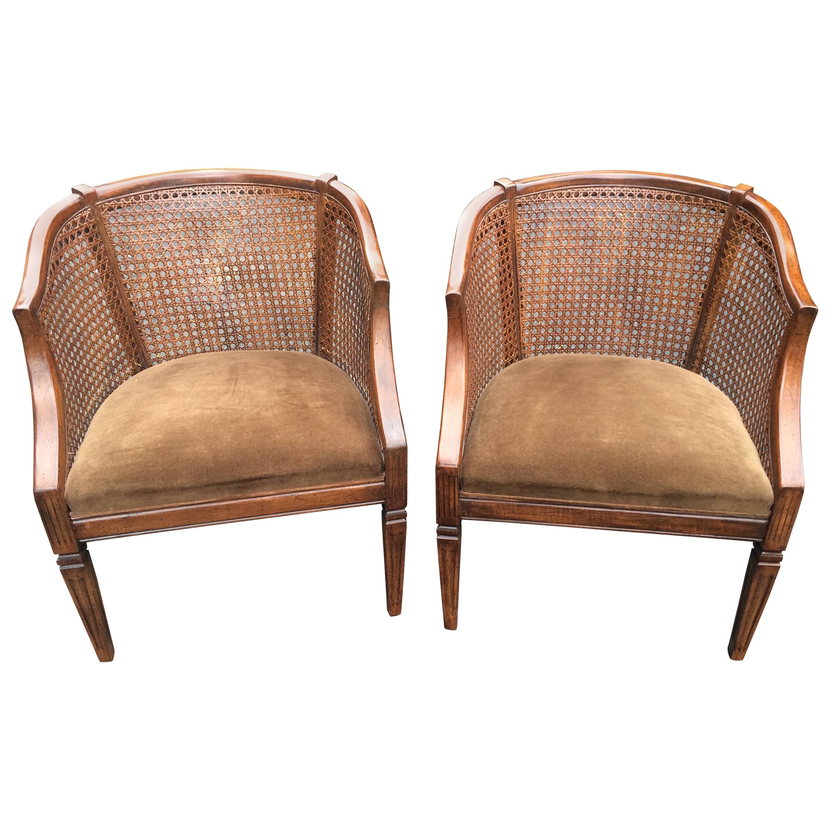 Traditional Pair of Carved Wood, Caned and Velvet Library Chairs