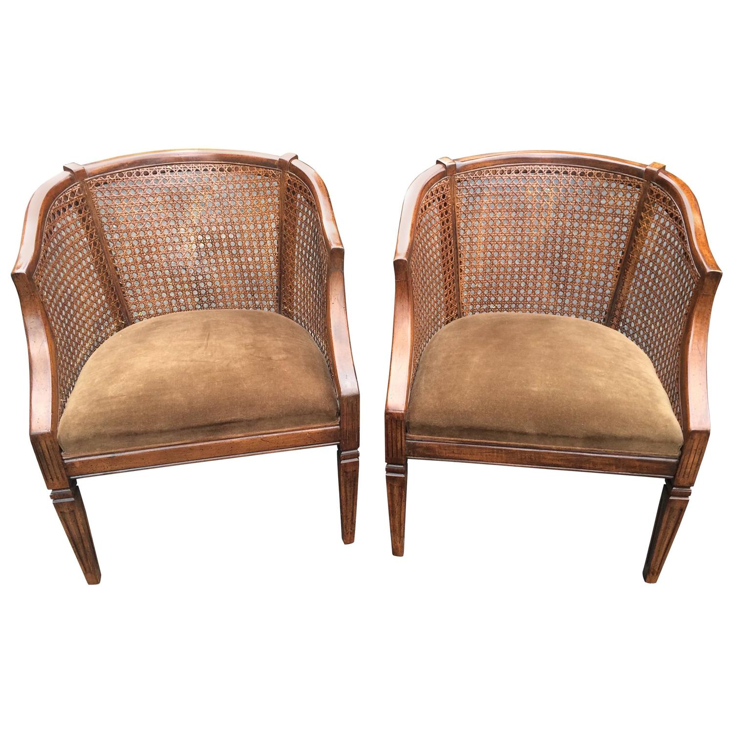 Traditional Pair of Carved Wood, Caned and Velvet Library Chairs For