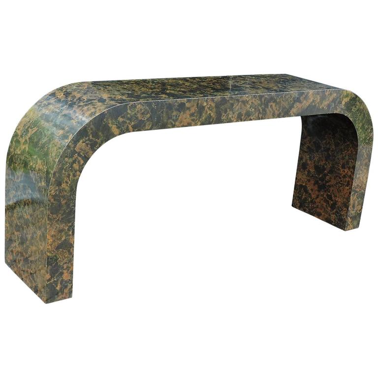 Karl Springer Style Faux Tortoise Marbleized Waterfall Console Table at