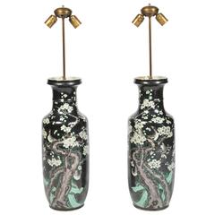 Pair 19th Century Famille Noire Chinese Vases or Lamps