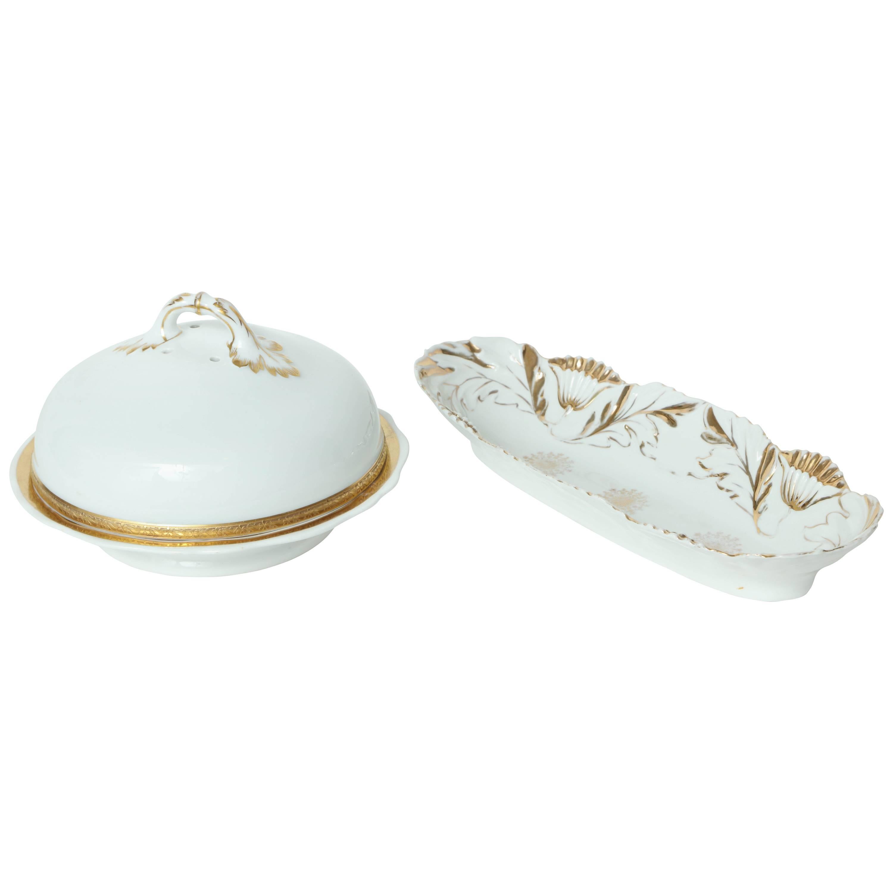 French Porcelain Covered Cheese/ Butter Server and Oblong Dish