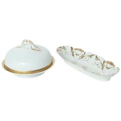 Vintage French Porcelain Covered Cheese/ Butter Server and Oblong Dish