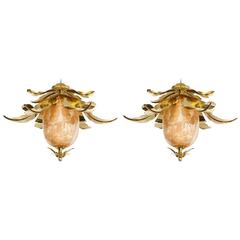 Pair of Venetian Peach Glass and Brass Leaves Pendant Chandeliers 10