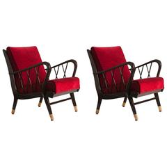 Pair of French Ebonized Oak Armchairs with Brass Detail