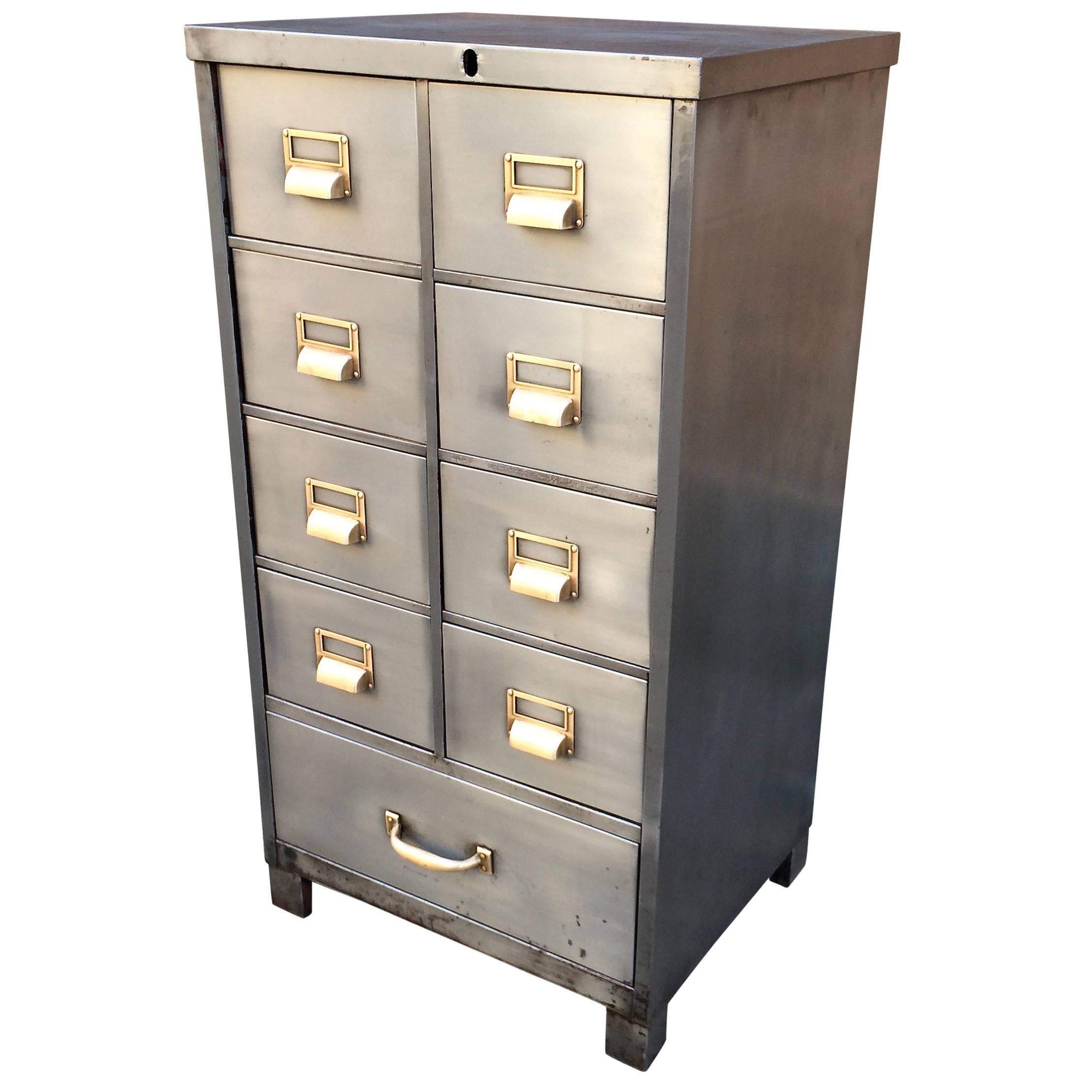 Brushed Steel Mid-Century Office Index File Cabinet
