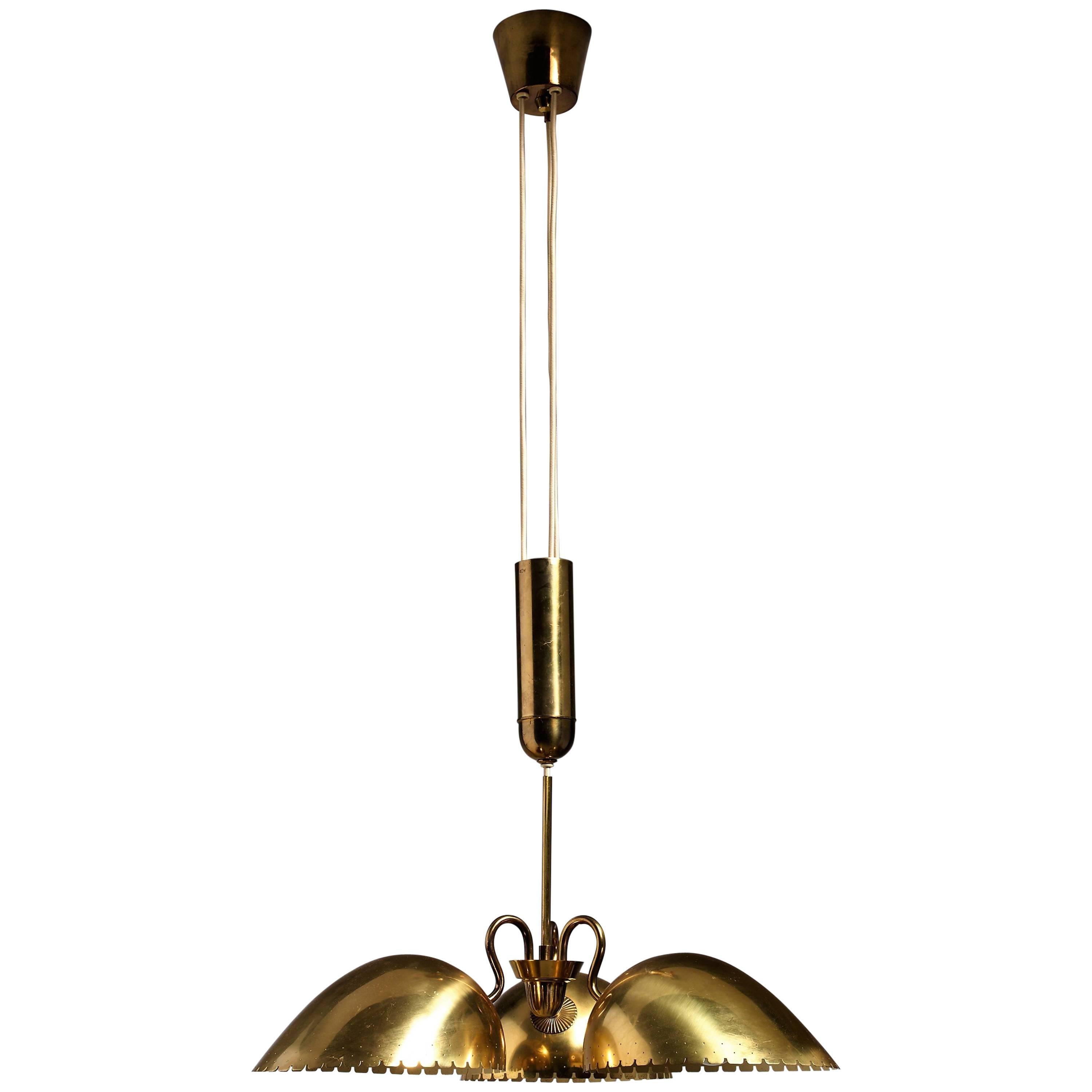 Bertil Brisborg Brass Pendant with Three Shades and Counterweight, Sweden, 1940 For Sale