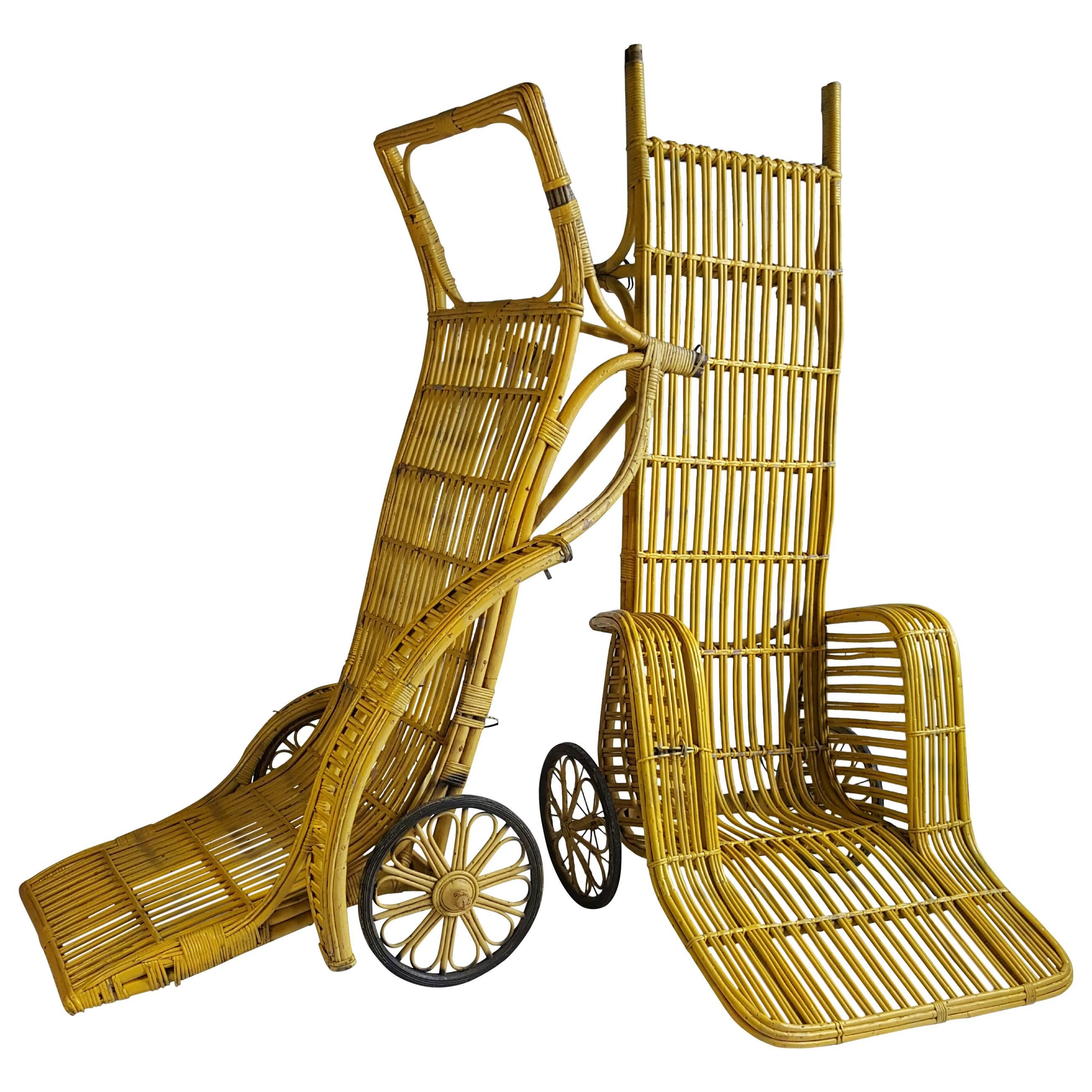Pair of Unusual Art Deco 'Rickshaw" Split Reed Stick Wicker Chaise Lounge Chairs For Sale