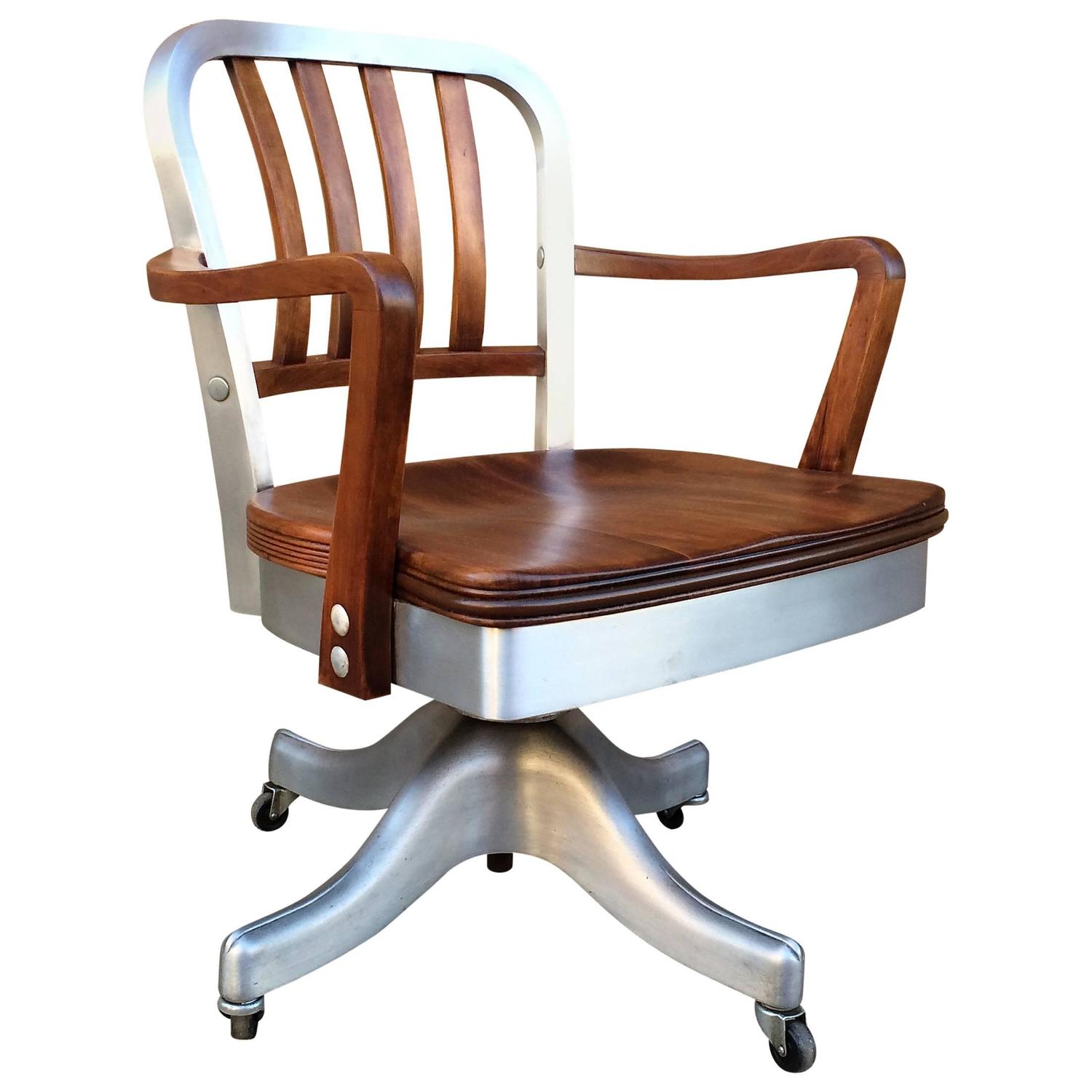 Shaw Walker Rolling Aluminum and Walnut Office Desk Armchair For Sale