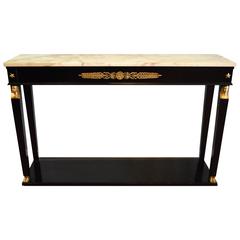Empire Style, Ebonized Console Table with Bronze Sphinx Headdress and Marble Top