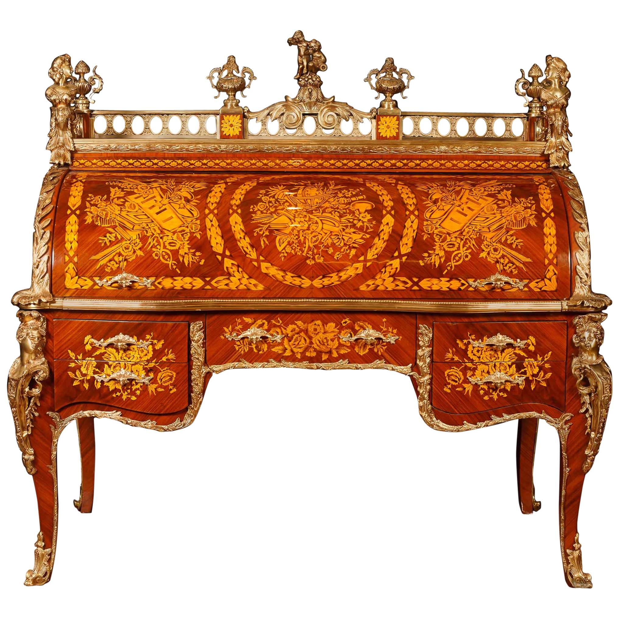 French Louis XV Bureau Du Roi Roll Top Desk Inlay
