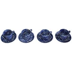 19th Century Set of Four Matching Sponge Ware Cups and Saucers 6