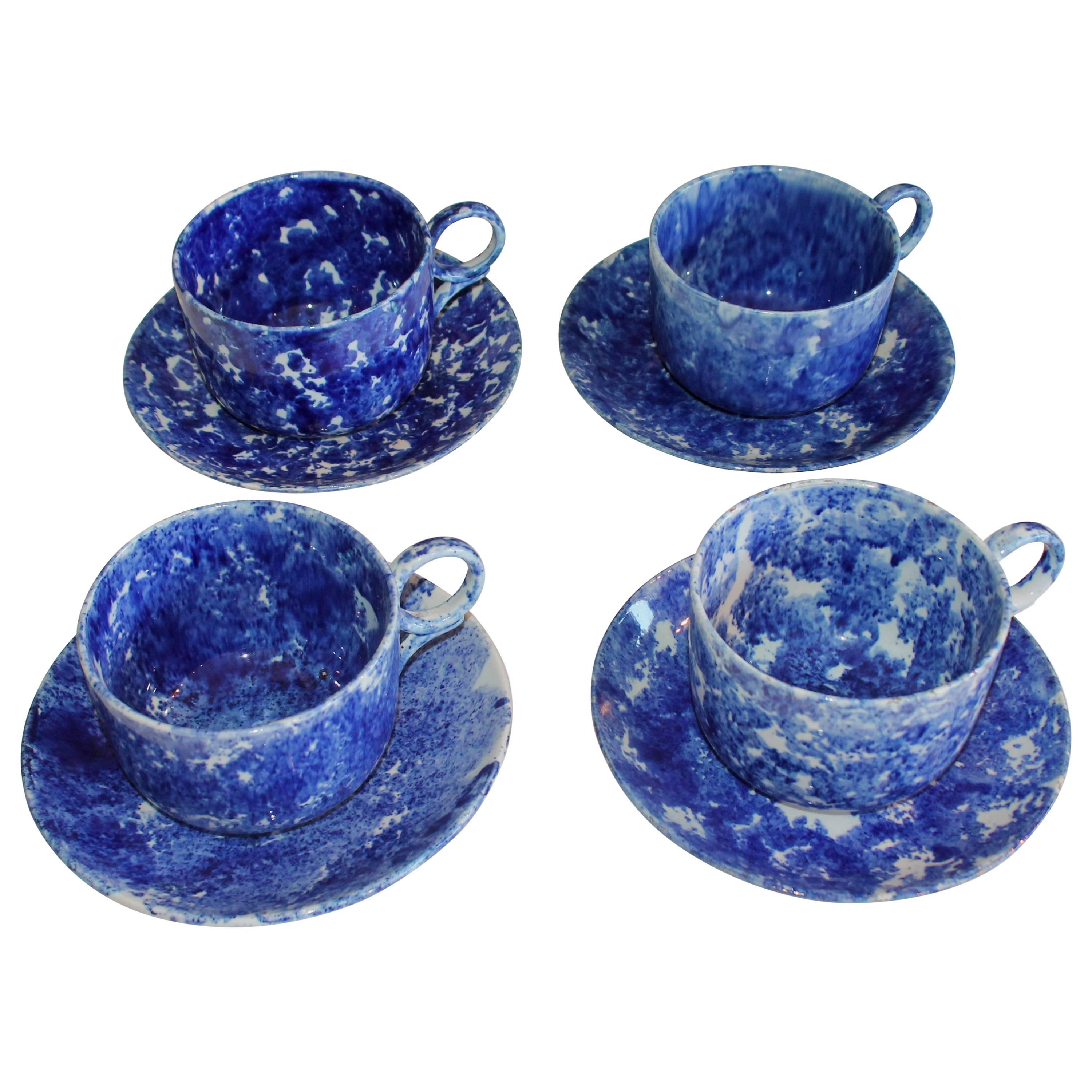 Collection of Four Monumental 19th Century Sponge Ware Mush Cups and Saucers For Sale
