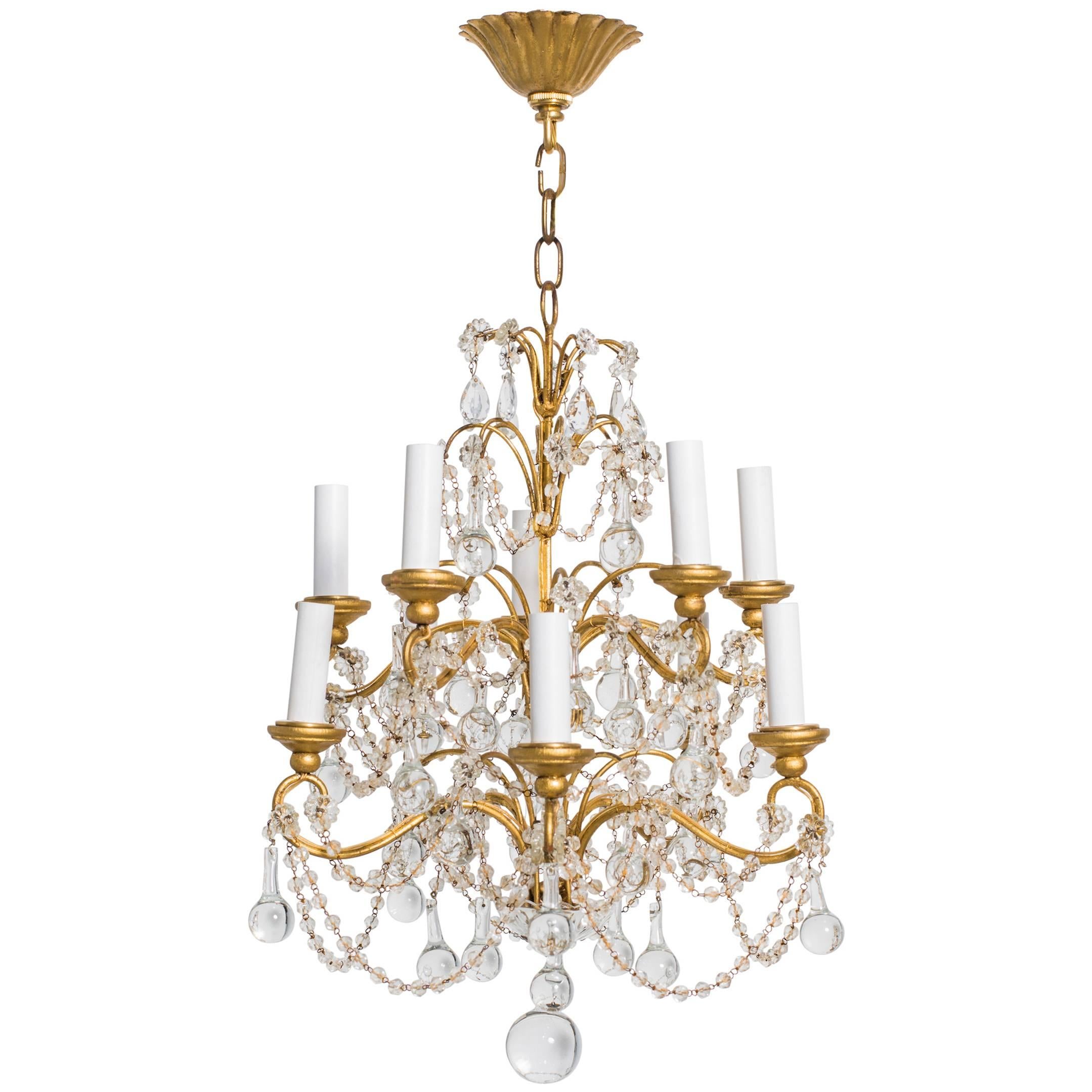Italian Crystal Drop and Giltwood Chandelier For Sale
