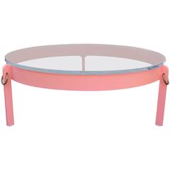 Round Coral Lacquer Modern Coffee Table Topped with Lucite Top and Brass Rings