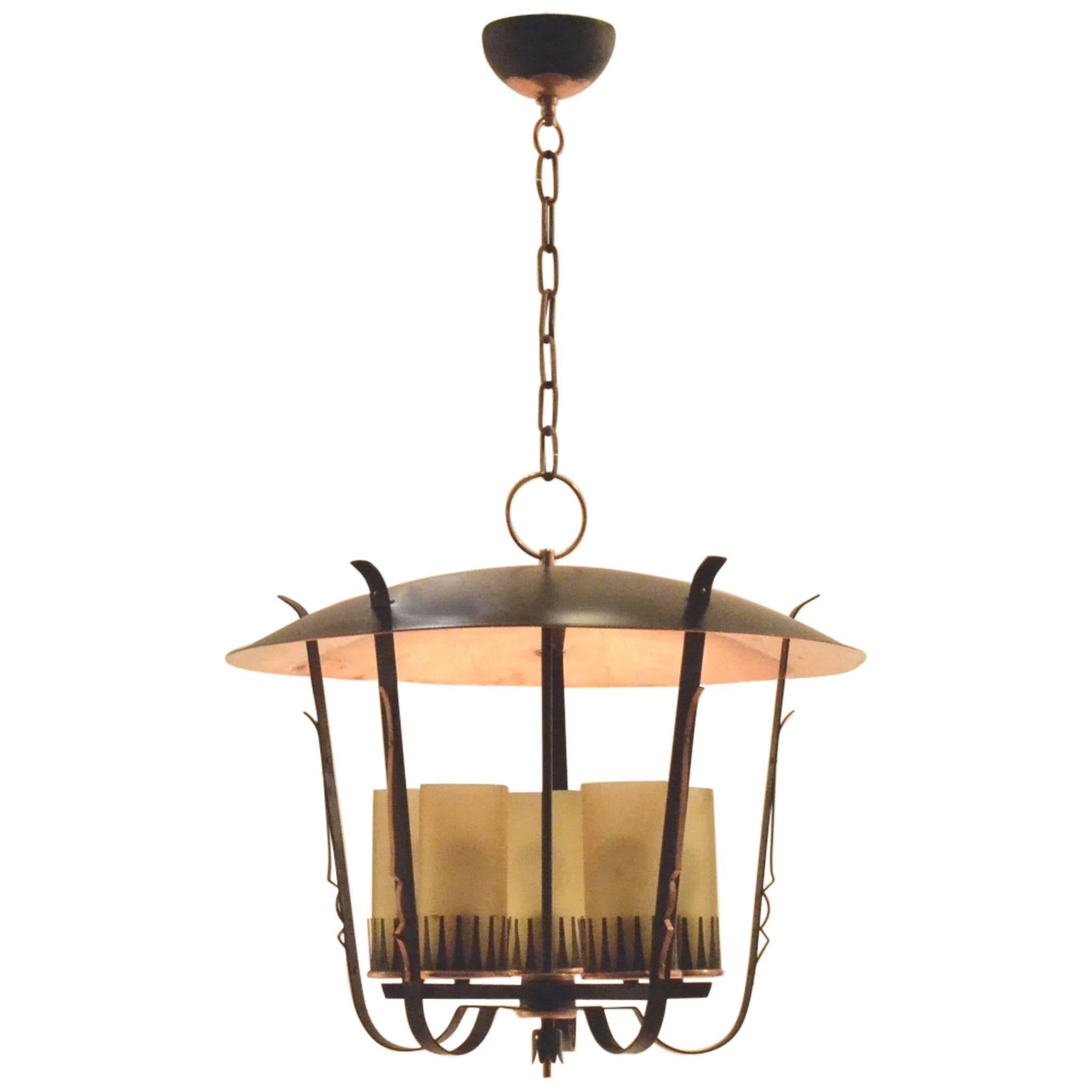 Art Deco Ornamentalist Black and Copper Chandelier Lantern, 1940 