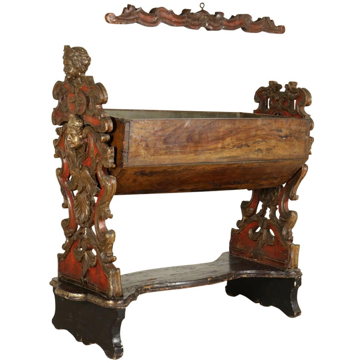 17th Century Carved and Lacquered Walnut Crib from the Papal States