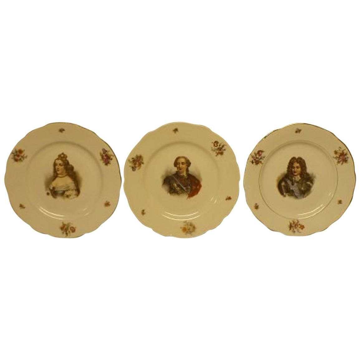 Three Faux Meissen Plates with Portraits of French Royalties For Sale