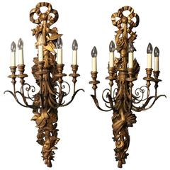 French Pair of Large Giltwood Antique Wall Lights