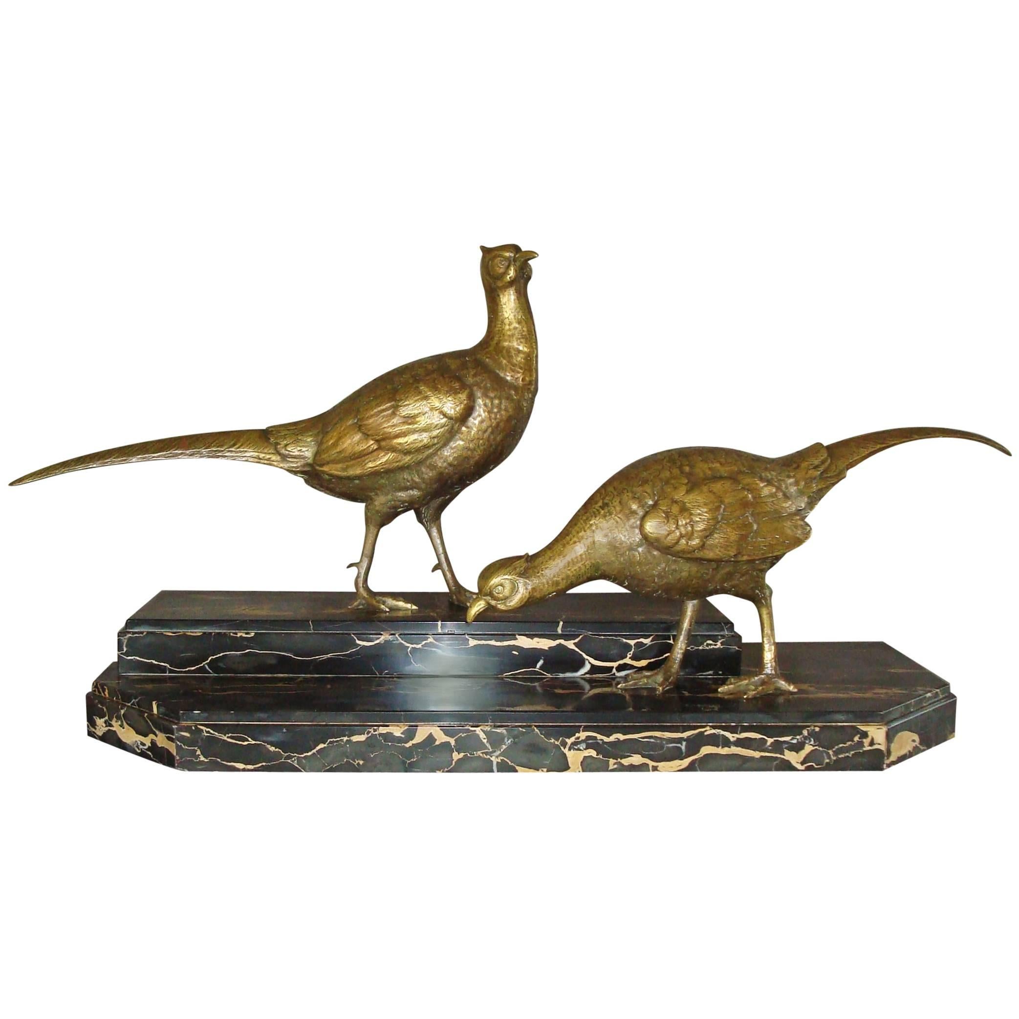 Early 20th Century Pair of Large Gilt Bronze Pheasants