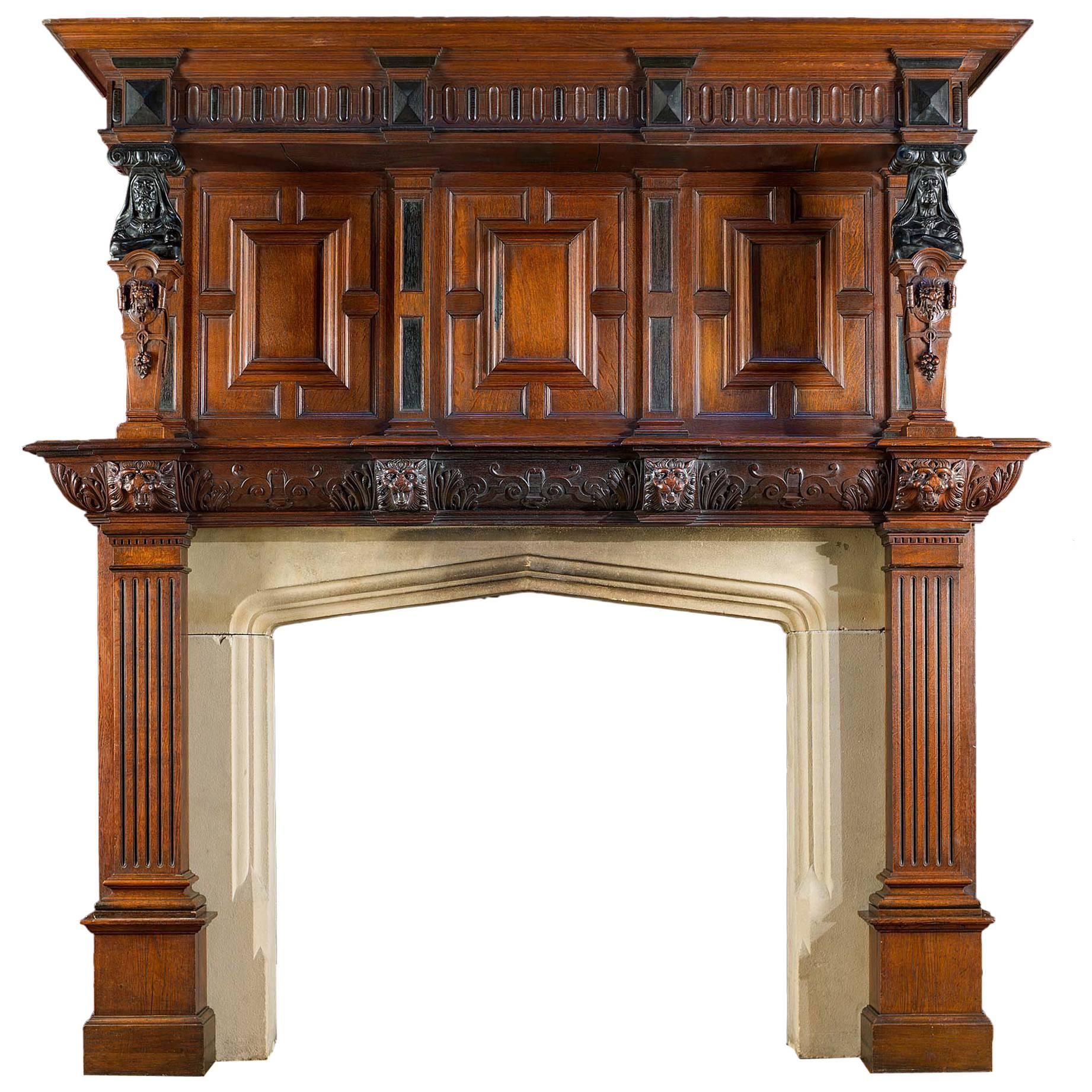 Victorian Jacobean Style Carved Oak Antique Fireplace and Overmantel