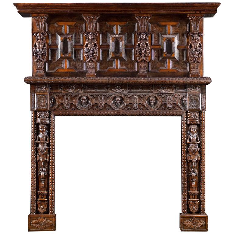 English Victorian Jacobean Style Carved Oak Antique Fireplace And English Victorian Jacobean Style Carved Oak Antique Fireplace And Overmantel For