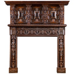 English Victorian Jacobean Style Carved Oak Antique Fireplace and Overmantel