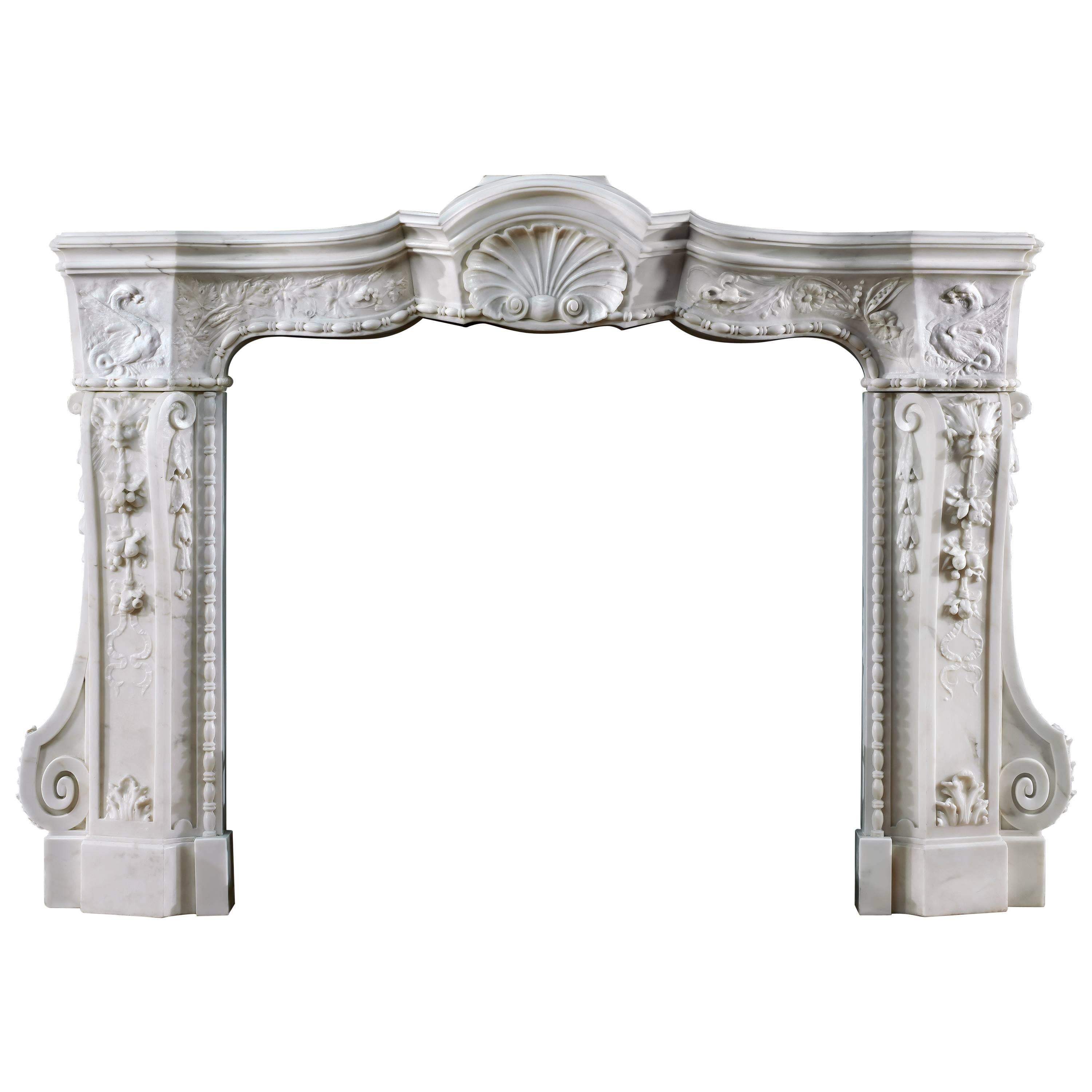 Rare 18th Century Italian Baroque Fireplace in Finely Carved Statuary Marble For Sale
