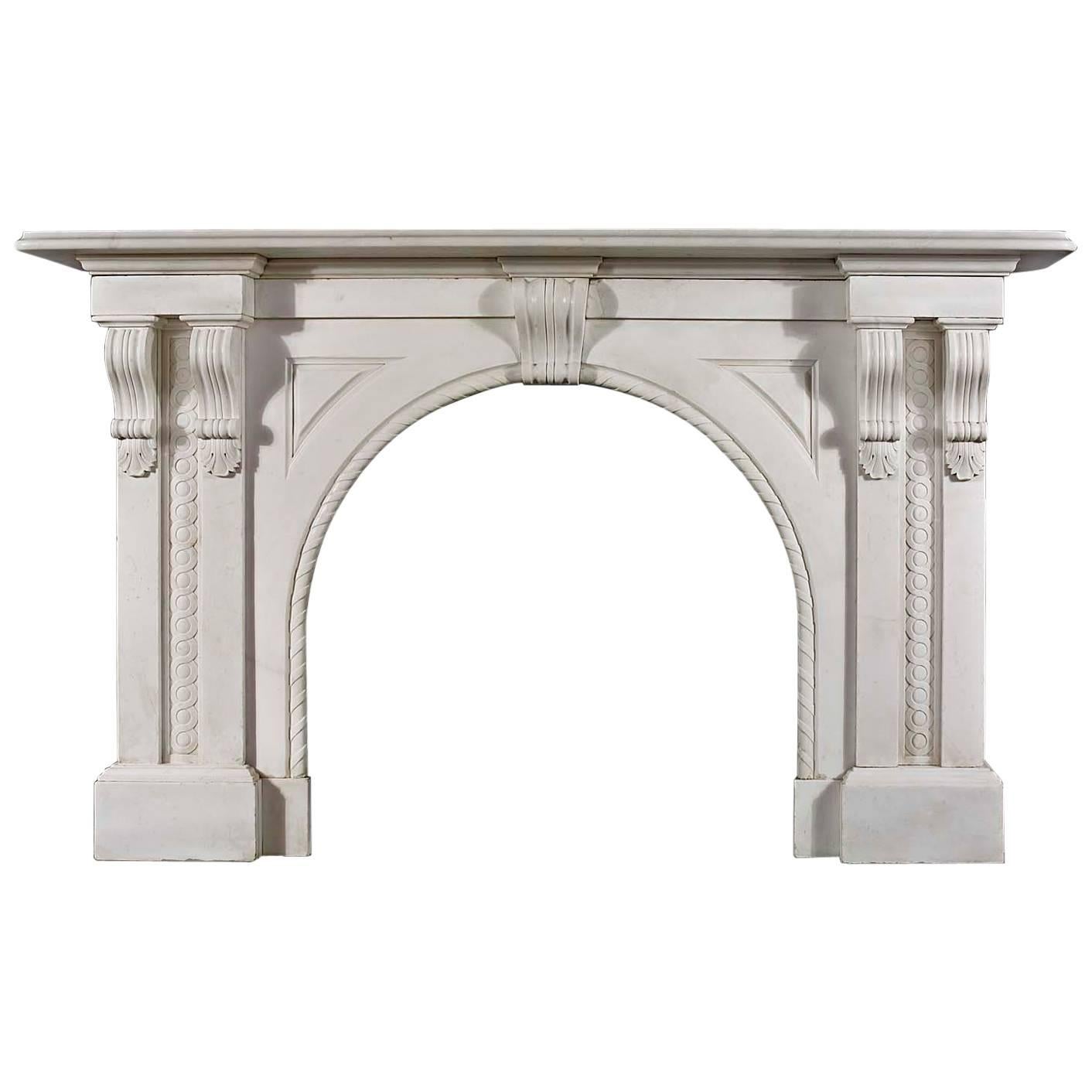 Antique Italian White Marble Victorian Arched Fireplace Mantel For Sale