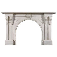 Antique Italian White Marble Victorian Arched Fireplace Mantel