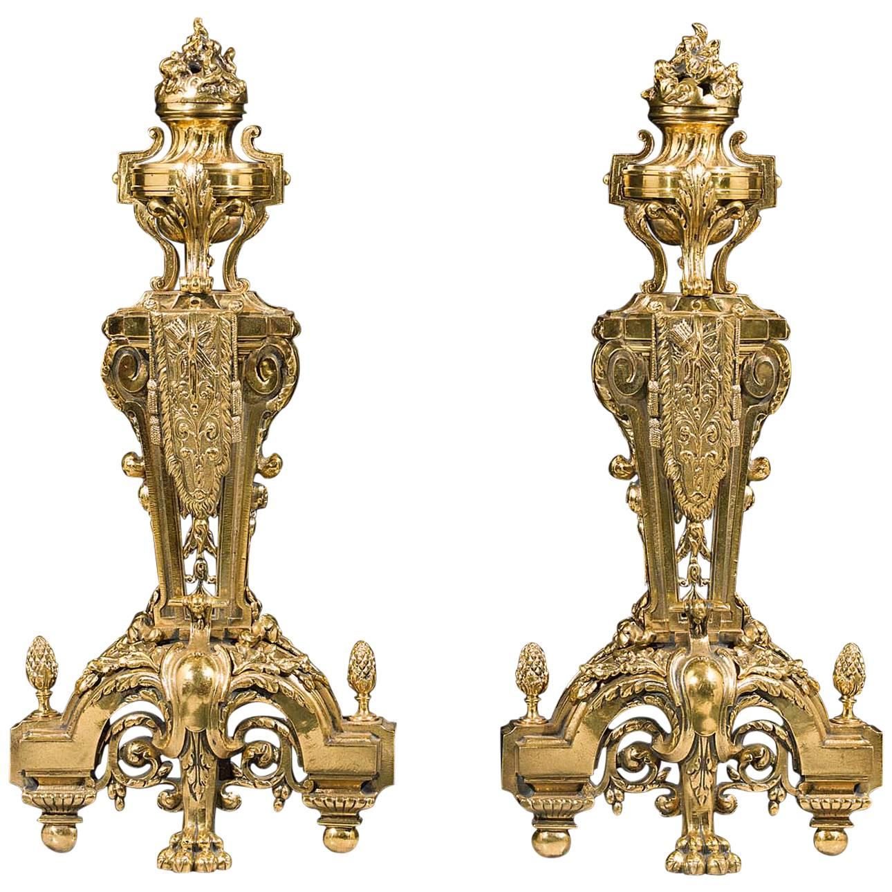 Antique Pair of Large Finely Cast Gilt Brass French Regency Style Chenets
