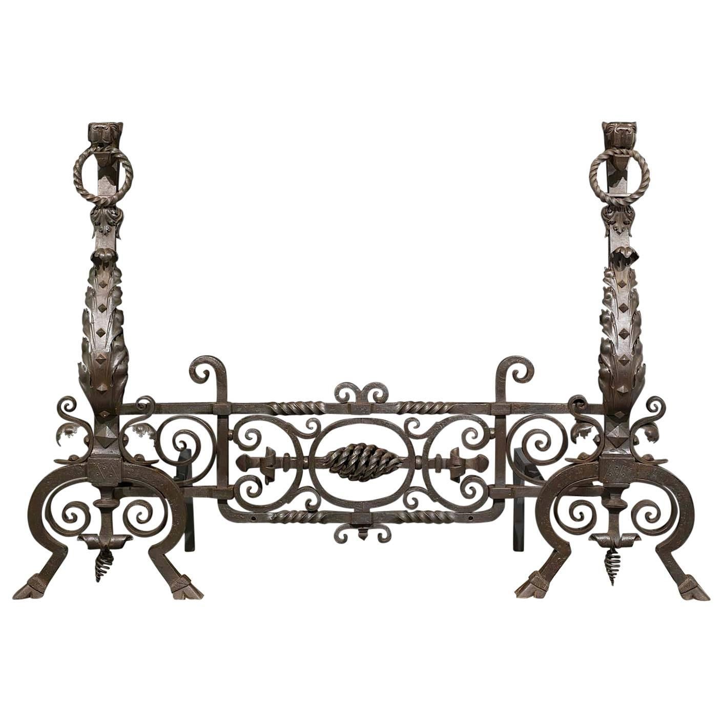 Tall Pair of Victorian Jacobean Style Wrought Iron Andirons and Fender Bar