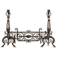 Tall Pair of Victorian Jacobean Style Wrought Iron Andirons and Fender Bar