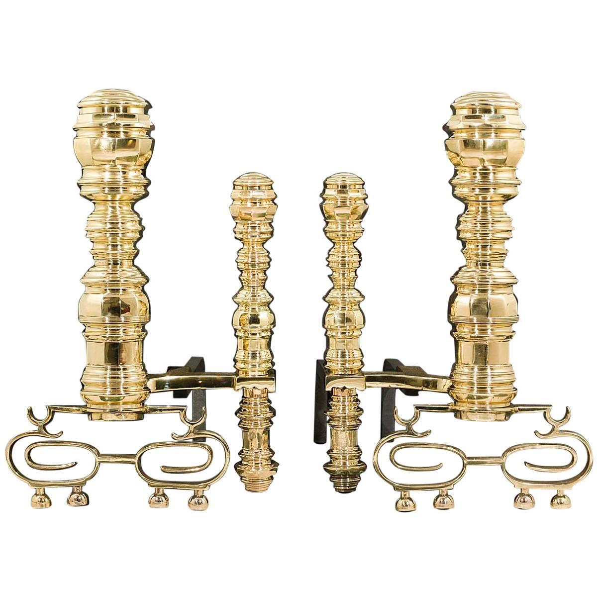Substantial Pair of Victorian Baroque Style Antique Brass Andirons